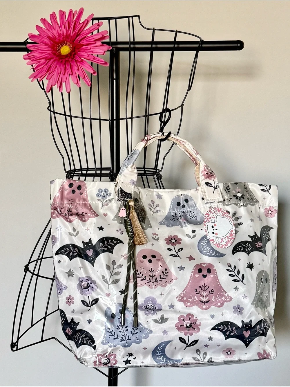 New Halloween Pastel Ghosts, Bats, Flowers PVC Handbag Purse Tote Bag w/ Charm
